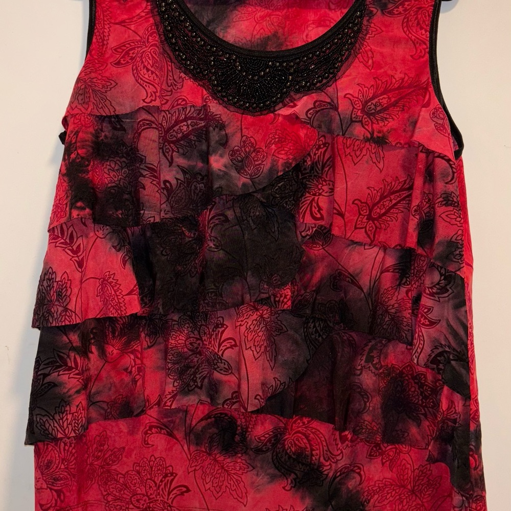 Dressbarn Y2K Tank Top Burnout Velvet Floral Beaded Ruffle Whimsigoth Fairy